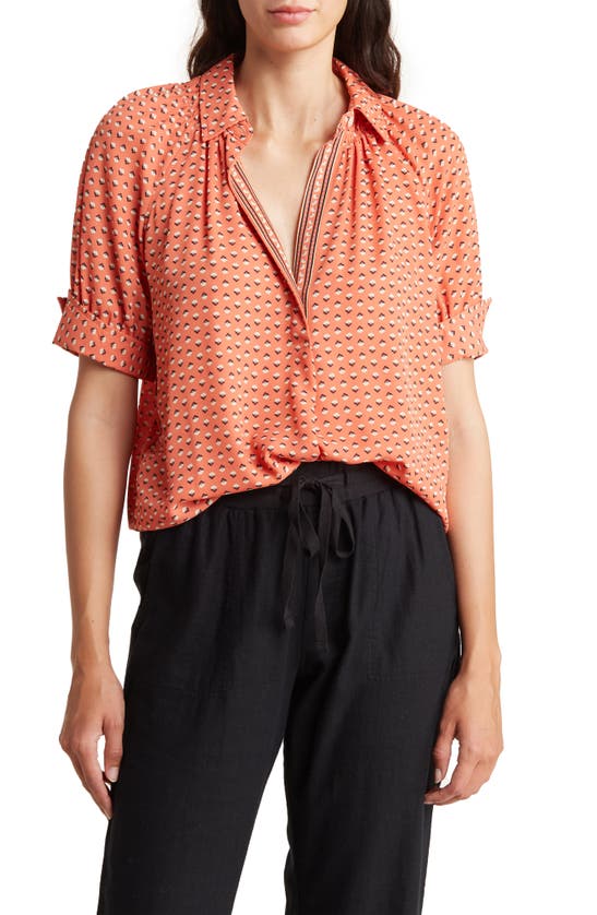 Max Studio Short Sleeve Crepe Blouse In Coral Open Stem Flower