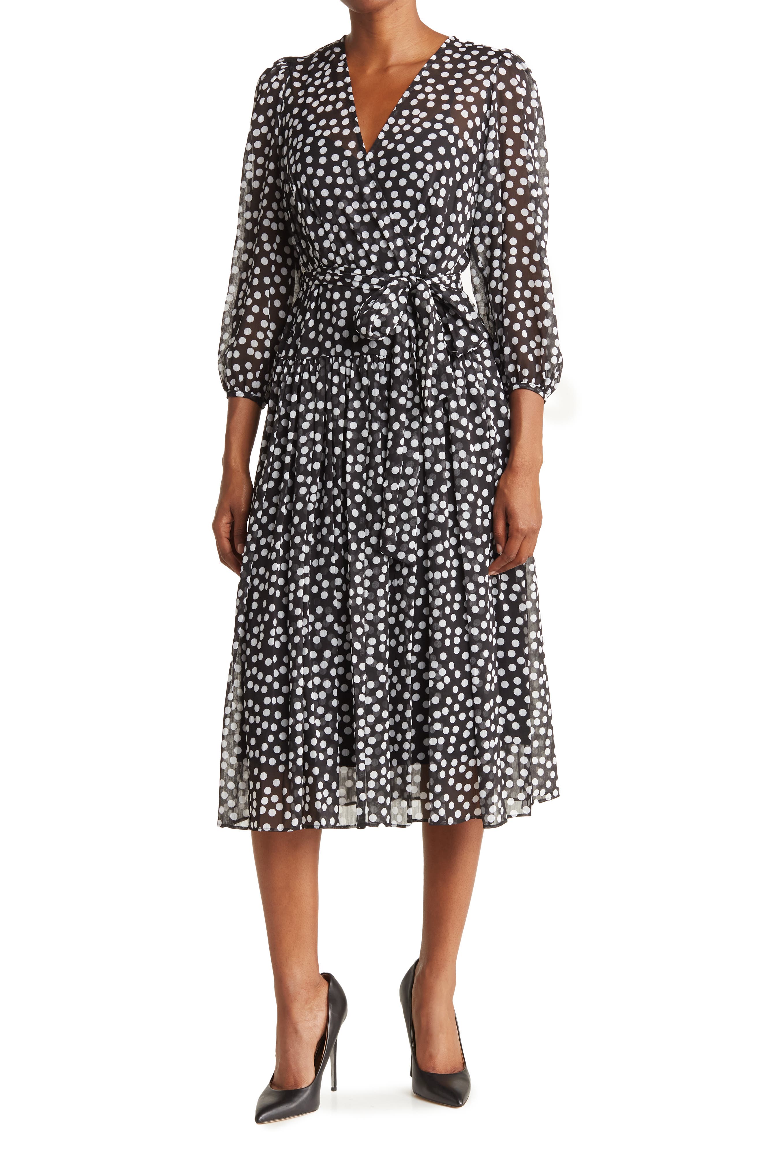 Dot Print Faux Wrap Midi Dress 