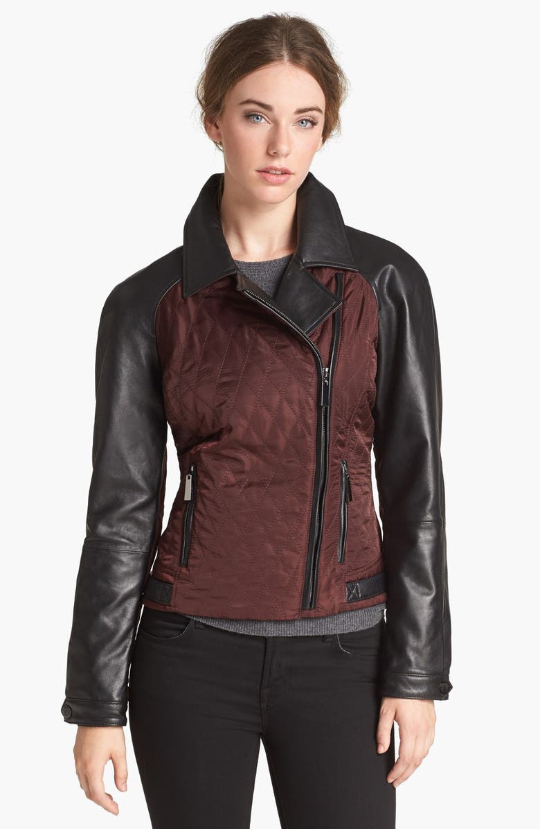 Vince Camuto Leather & Quilted Fabric Moto Jacket