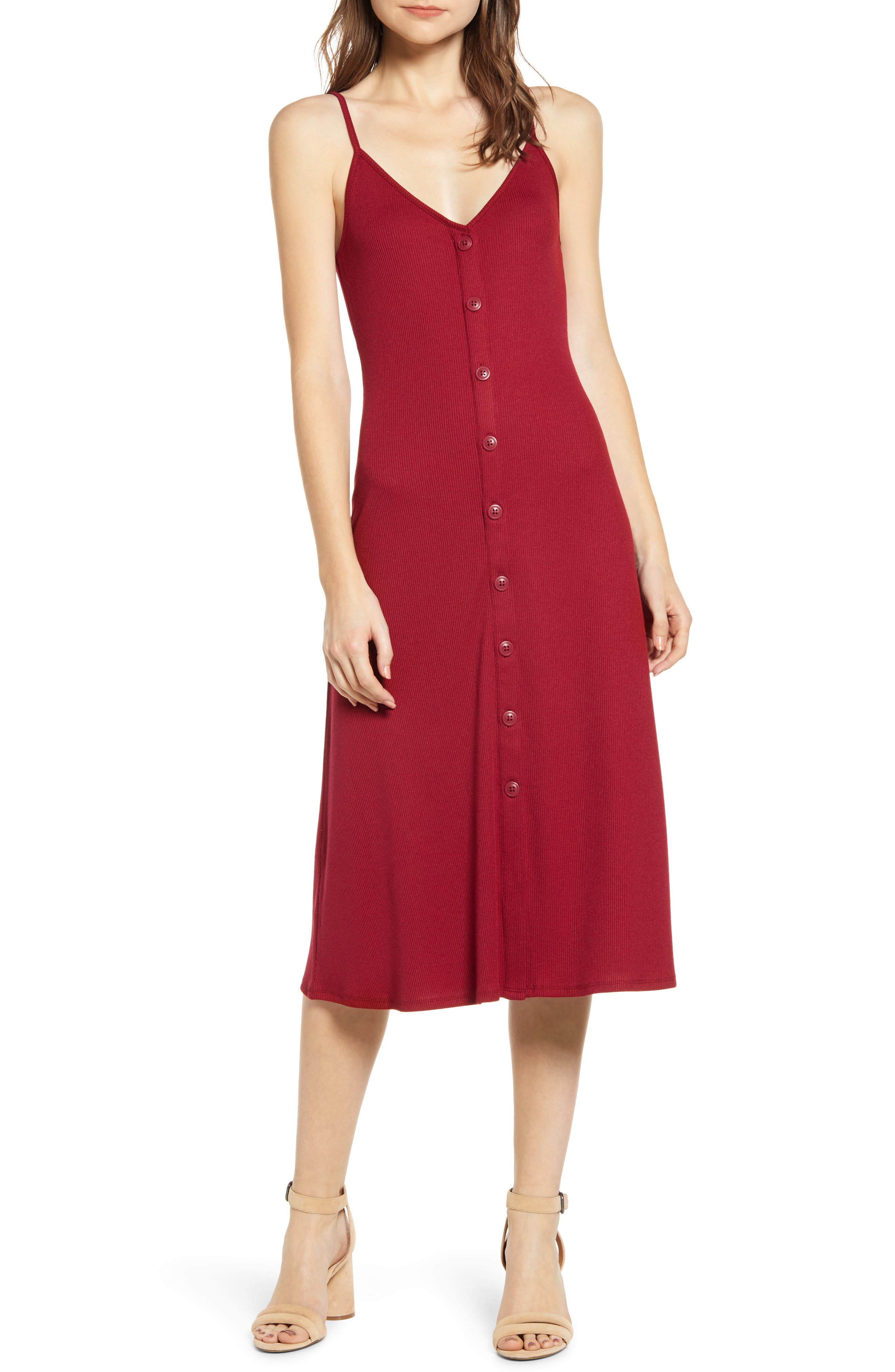 Chelsea28 Ribbed Button Front Dress, Red