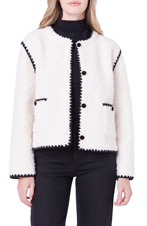 Premium Contrast Trim Faux Shearling Jacket in Ivory/Black