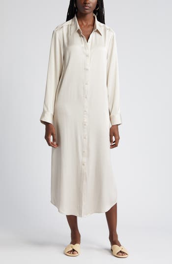 Multi-Colour Long Sleeve Satin Midi Shirt Dress