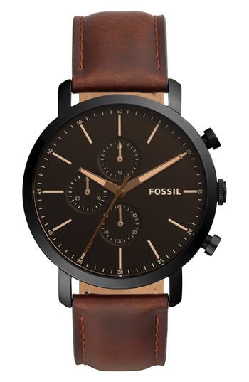 Fossil Luther Chronograph Leather Strap Watch, 44mm In Black