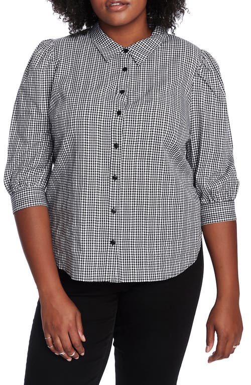 Embroidered Gingham Cotton Button Up Blouse in Rich Black