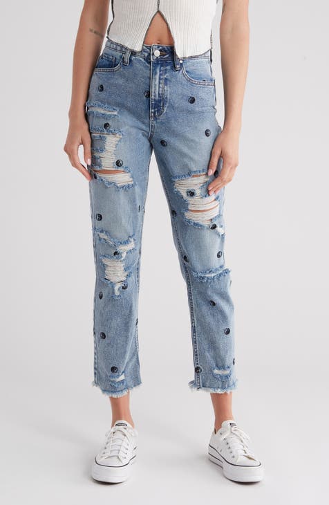 Deconstructed Fray Hem Mom Jeans