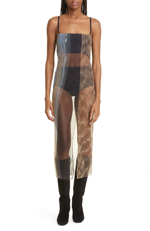 ELLISS Slate Sheer Mesh Midi Dress in Brown Print Multi