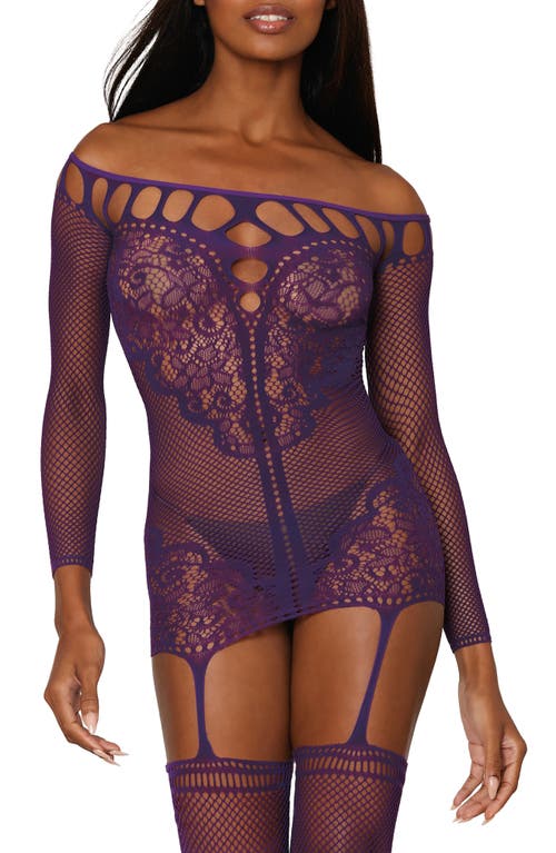 Lace & Fishnet Garter Dress with Thigh High Stockings in Aubergine
