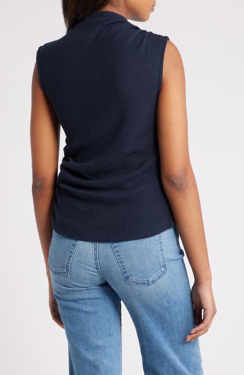 Wit & Wisdom Asymmetric Ruched Sleeveless Mock Neck Knit Top In Heather Carbon Blue