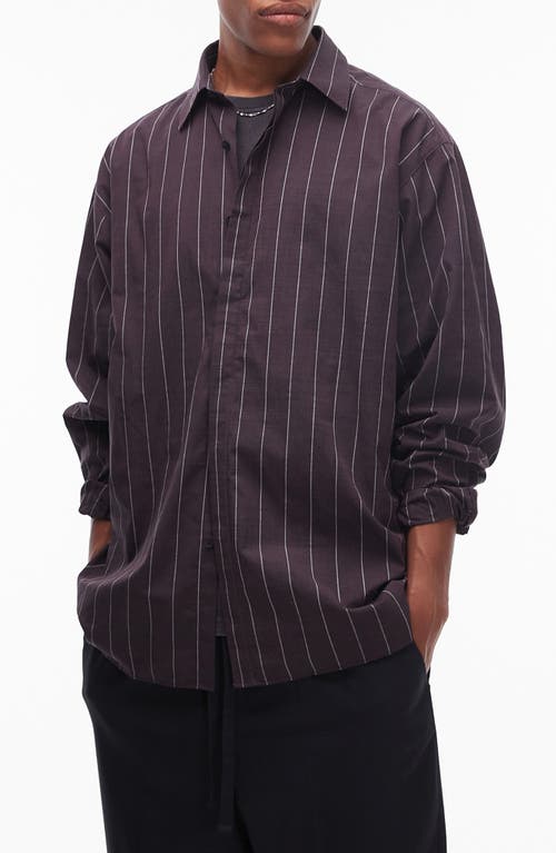 Topman Pinstripe Oversize Button-up Shirt In Brown