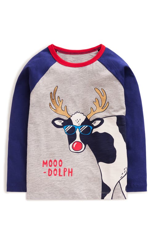 Shop Mini Boden Kids' Holiday Cow Long Sleeve Cotton Graphic T-shirt In Grey Marl/starboard