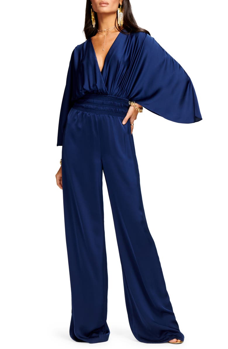 Navy Blue Designer Jumpsuit in Satin with Elastic Waist, Bell Sleeves for Evening