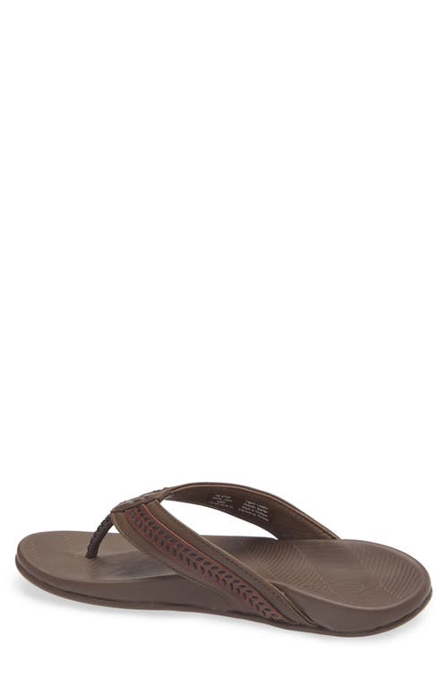 Shop Olukai Aho Leather Flip Flop In Dk Wood/dk Wood