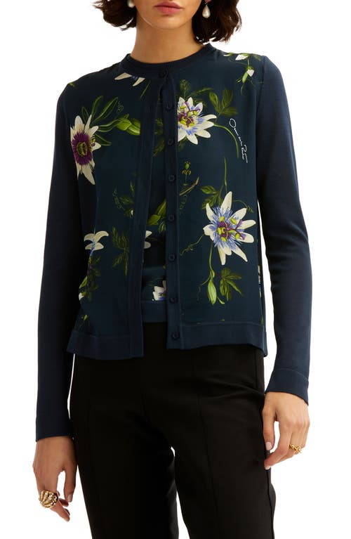 Oscar de la Renta Passionflower Print Silk Cardigan in Navy Multi