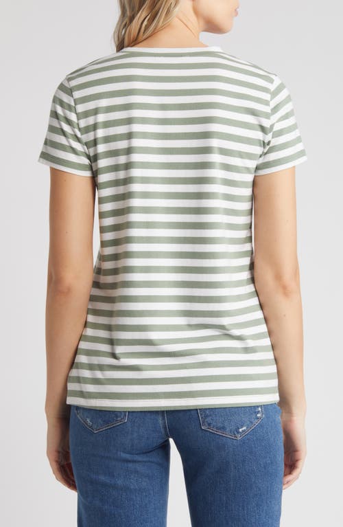 Shop Caslonr Caslon(r) Stretch Cotton Blend V-neck T-shirt In Green Dune- White Charm Stripe