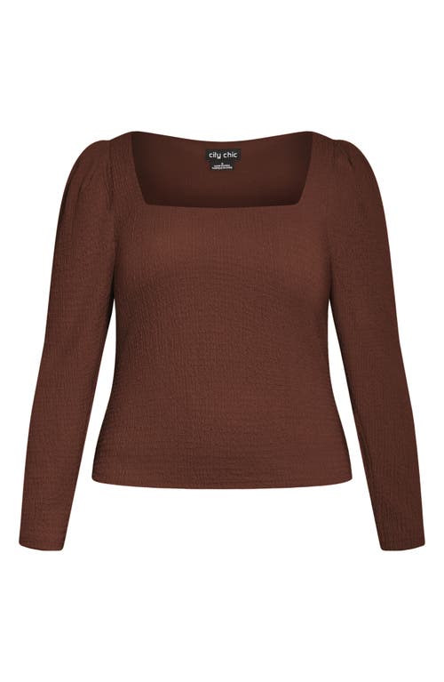 City Chic Mysteria Shirred Square Neck Puff Shoulder Long Sleeve Top In Chocolate