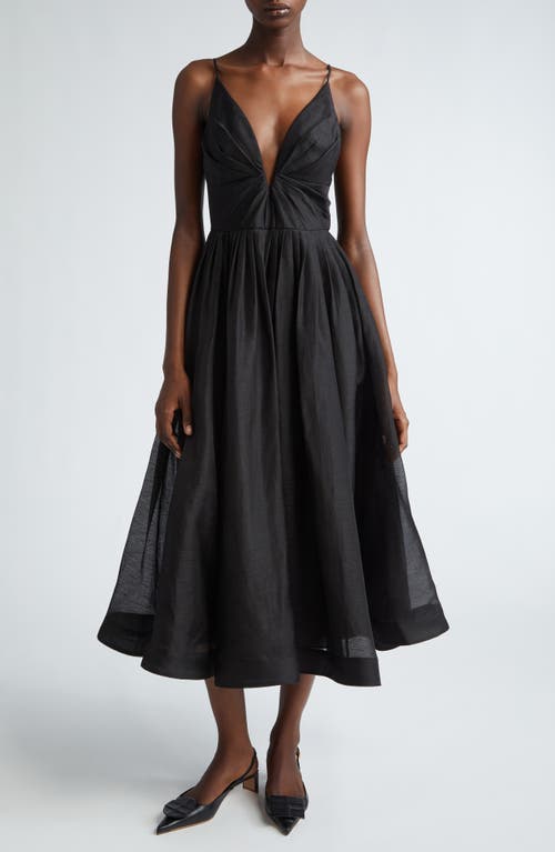 Zimmermann Illustration Pleated Linen And Silk-blend Midi Dress In Black