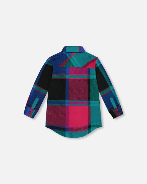 Shop Deux Par Deux Little Girl's Button Down Polar Fleece Tunic Shirt Plaid Turquoise And Pink In Plaid Teal & Lilac