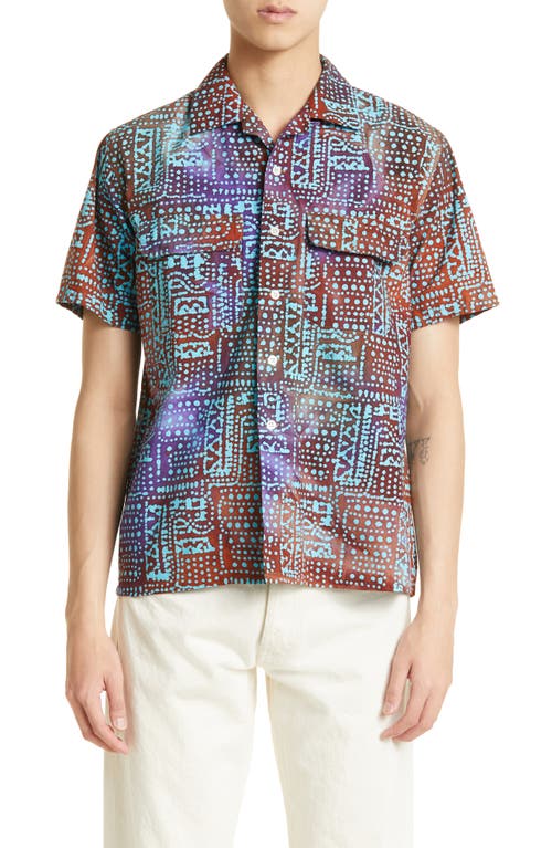 BEAMS Batik Print Short Sleeve Button-Up Camp Shirt in Purple 89