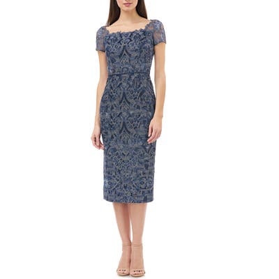 Js Collections Embroidered Lace Cocktail Dress, Blue