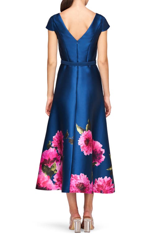Kay Unger Ina Belted Tea-length Floral Mikado Dress In Dark Ink/french Rose