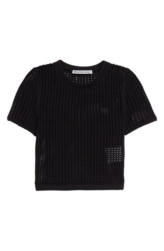 Shop Alexander Wang Short Sleeve Crochet Shrunken Sweater In Black