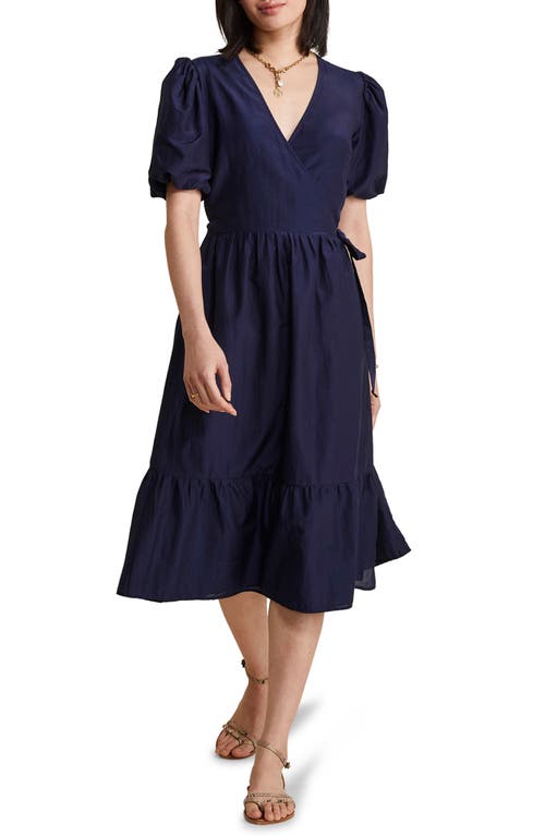 Puff Sleeve Cotton & Silk Midi Wrap Dress in Nautical Navy