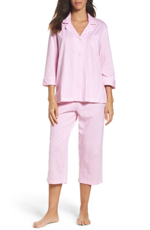 Ralph Lauren Lauren  Knit Crop Cotton Pajamas In Pink White Stripe