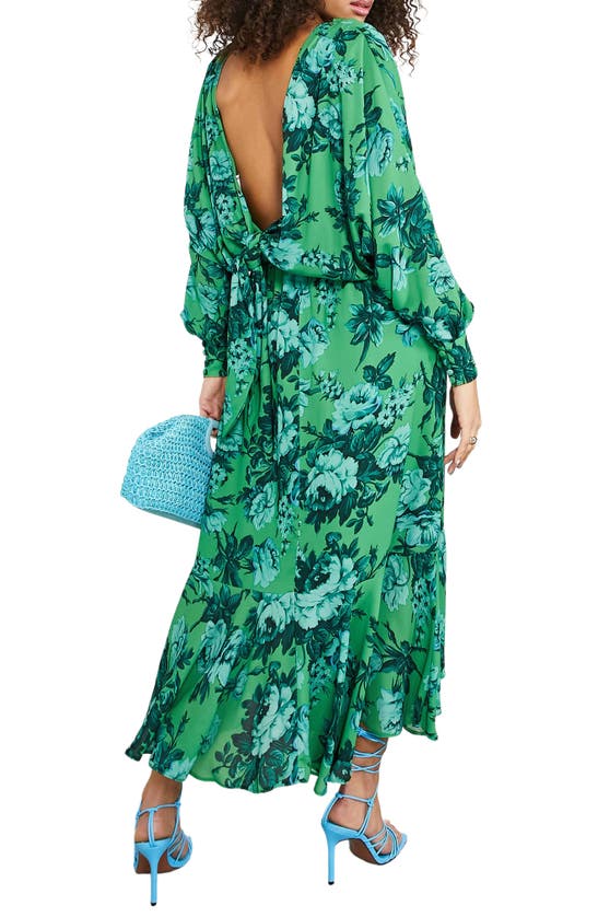 Asos Design Edition Floral V-back Long Sleeve Dress In Green Multi
