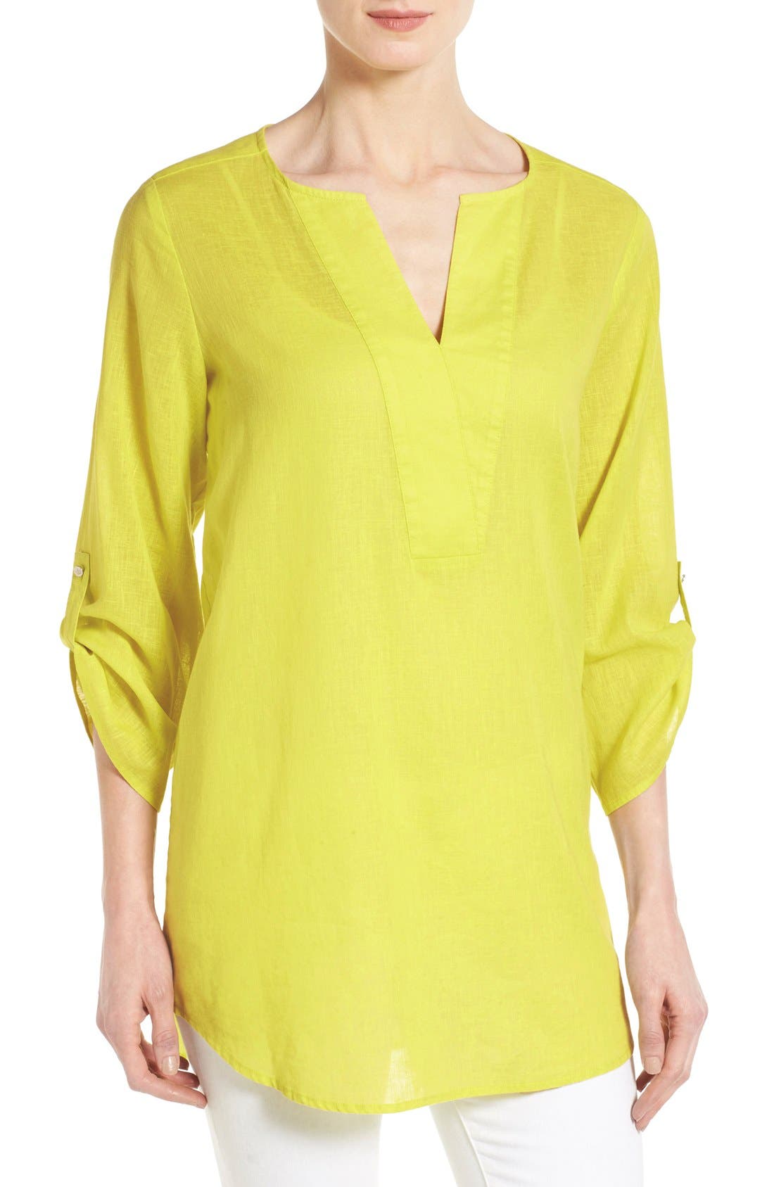 Chaus Roll Sleeve Split Neck Linen & Cotton Blouse Nordstrom