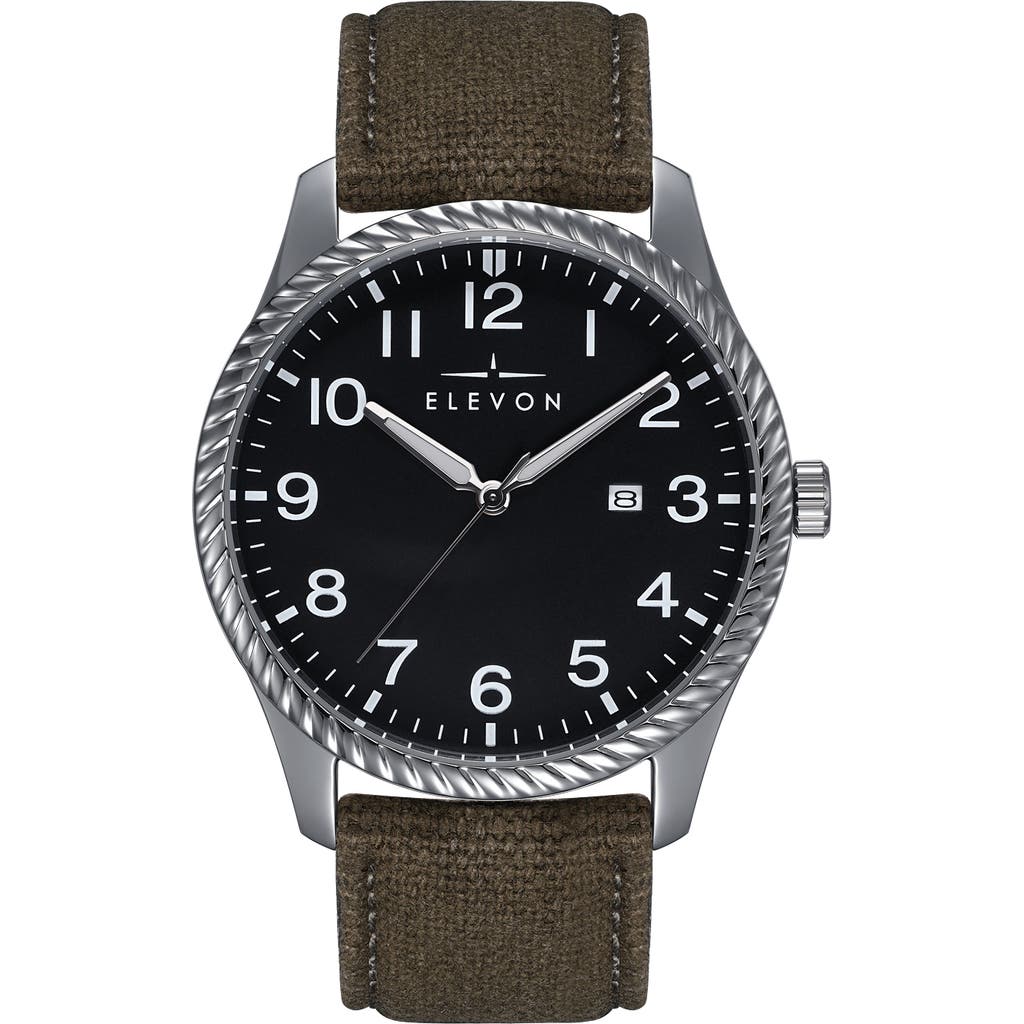 ELEVON ELEVON CROSSWIND CANVAS-OVERLAID LEATHER-BAND WATCH W/ DATE