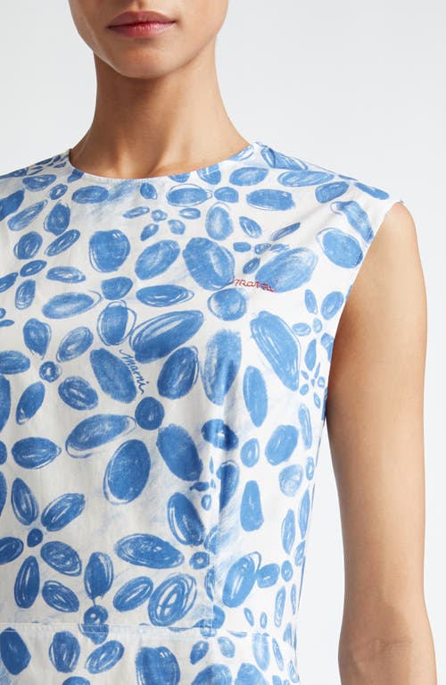 Shop Marni Floral Print Cotton Poplin Midi Dress In Iris Blue