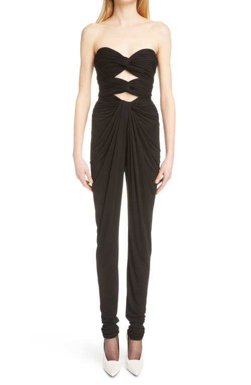 Strapless Cutout Ruched Jersey Jumpsuit in Noir