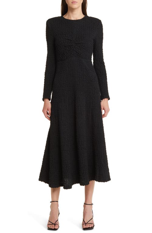 Textured Knit Long Sleeve Midi Dress in Black