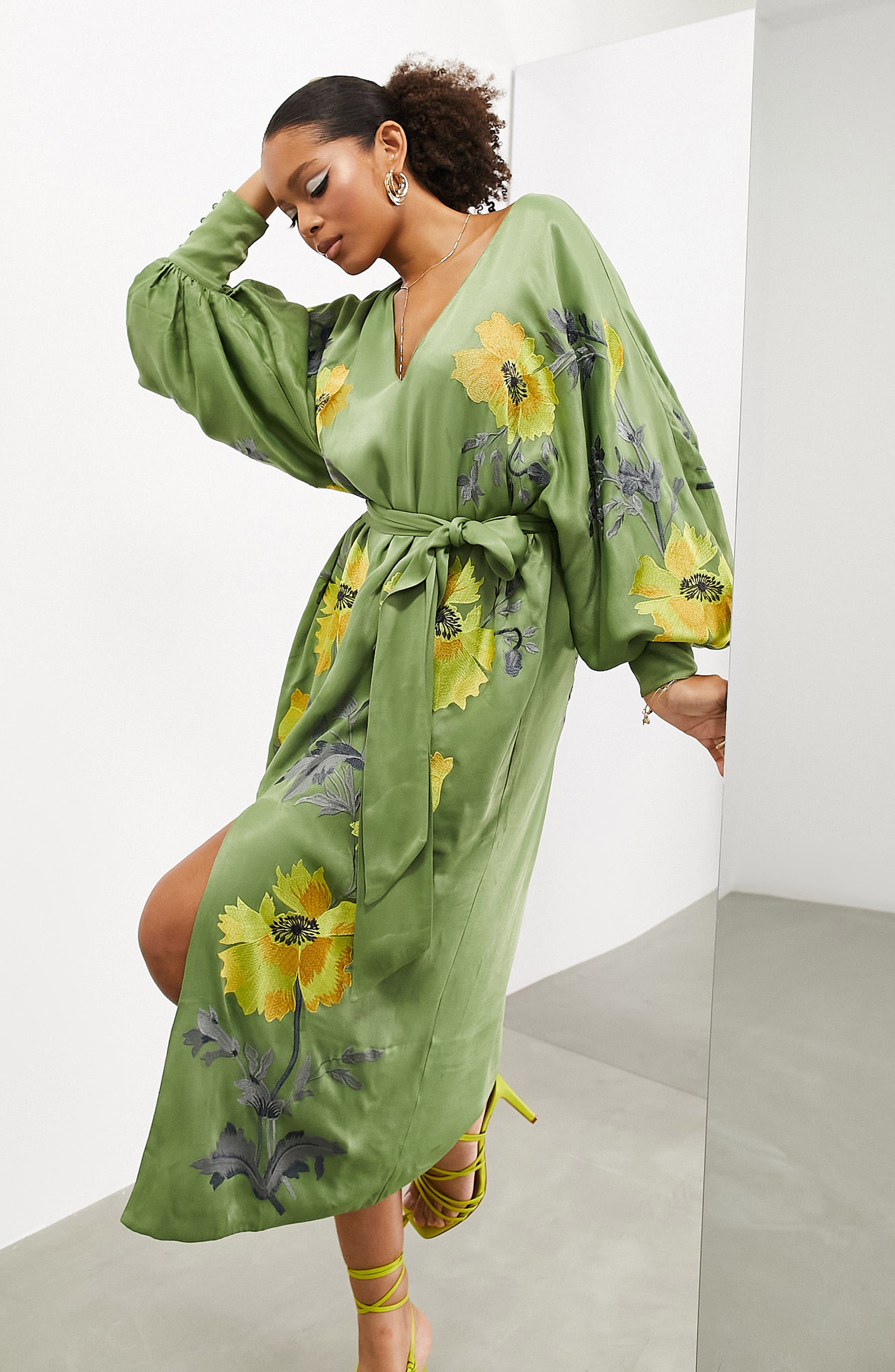 chinese dress ladies Rent ASOS DESIGN Curve Midi Dress With Long Sleeve And Circle Trim In Sage  Green main image 0