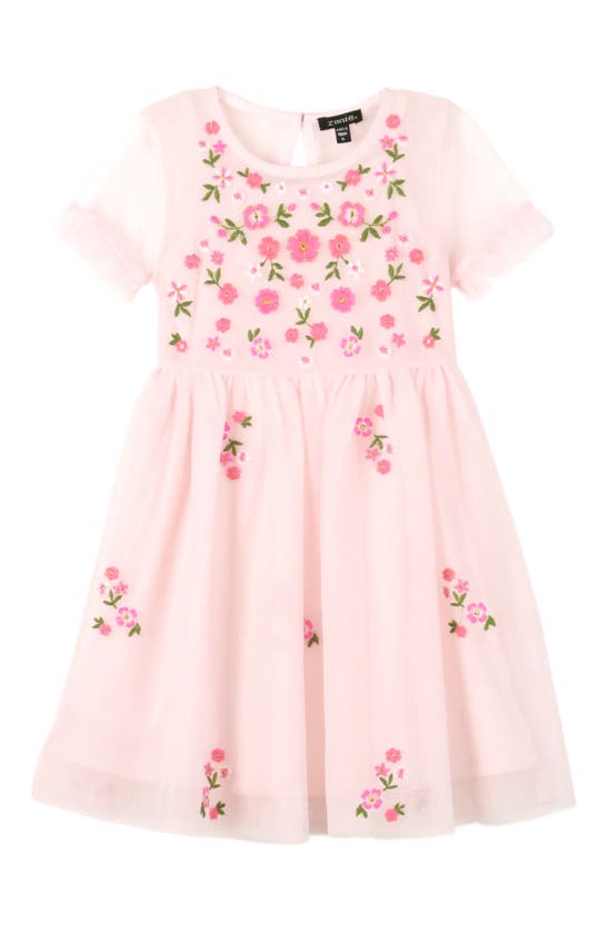 Zunie Kids' Floral Embroidered Mesh Short Sleeve Dress In Pink