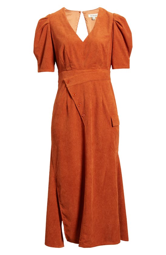 Shop Du Paradis Puff Sleeve Corduroy Midi Dress In Rust