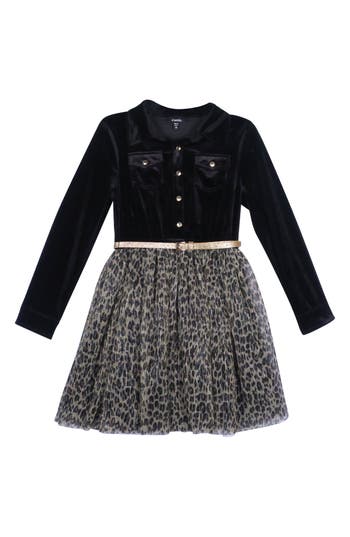 Zunie Kids' Velvet Plissé Leopard Print Shirtdress In Black/tan