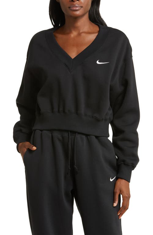 Nike Sportswear Phoenix Fleece V-neck Crop Sweatshirt In Black/sail