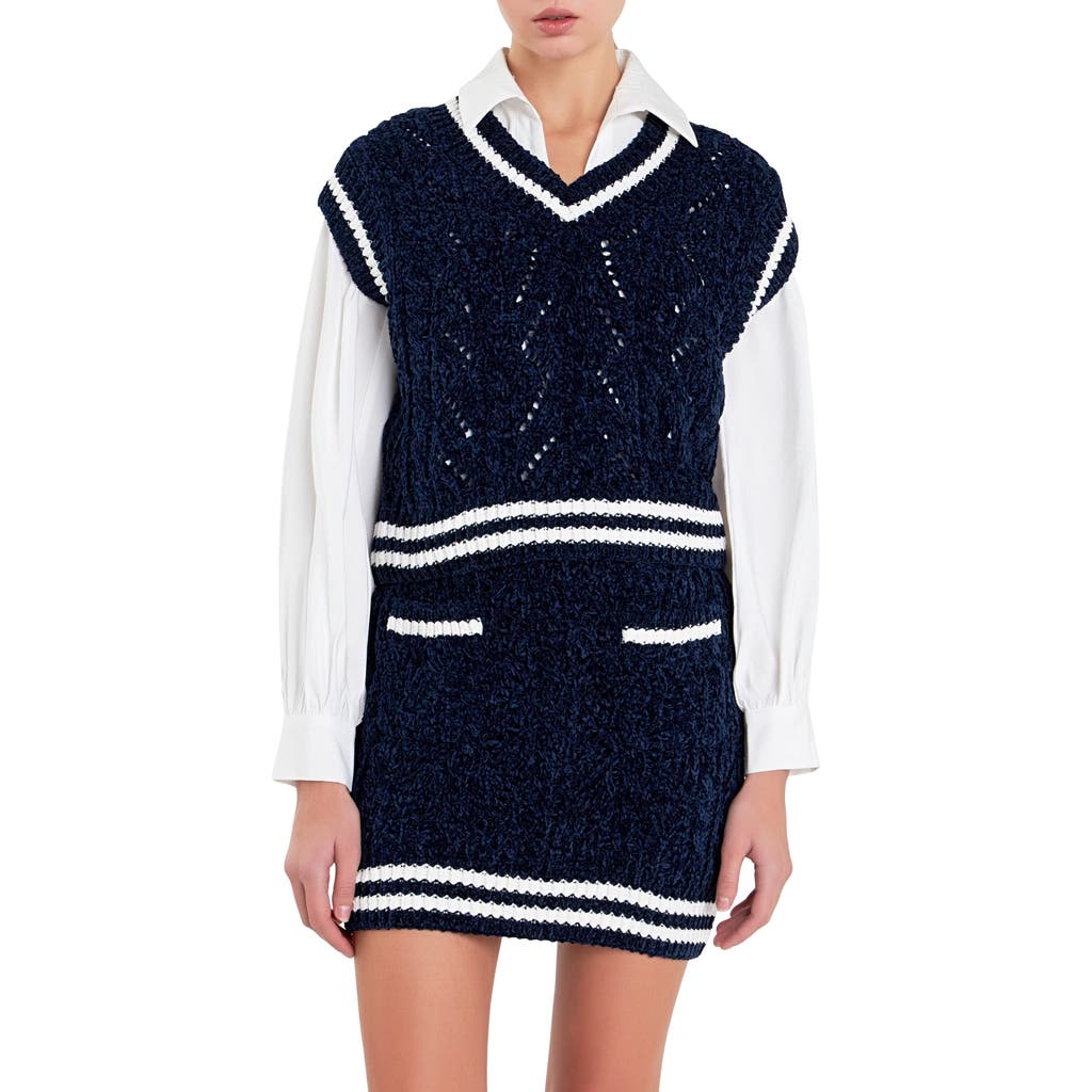 English Factory Stripe Trim Chenille Sweater Vest In Blue