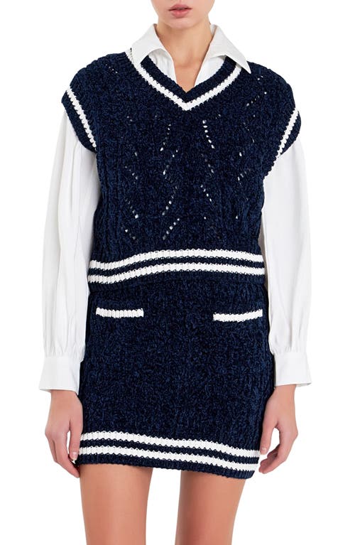 Shop English Factory Stripe Trim Chenille Sweater Vest In Navy/white