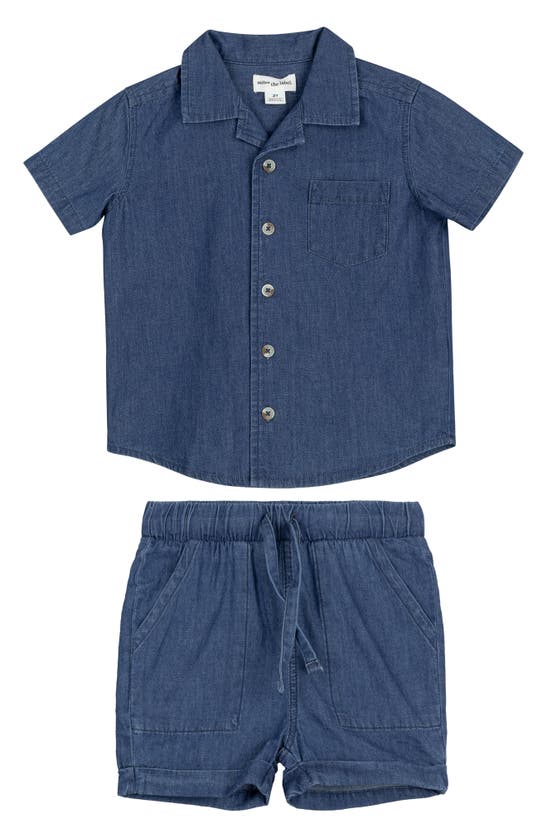 Shop Miles The Label Organic Cotton Chambray Short Sleeve Shirt & Shorts Set In Blue Denim
