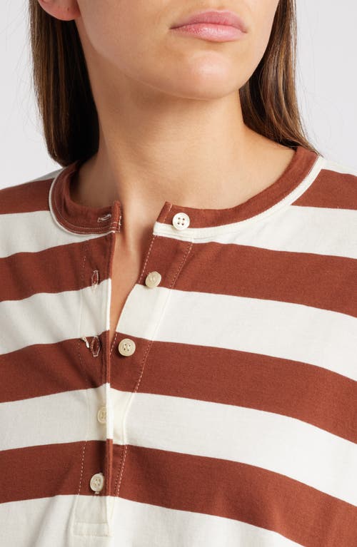 Shop The Great . The Shrunken Long Sleeve Henley In Cognac Stripe