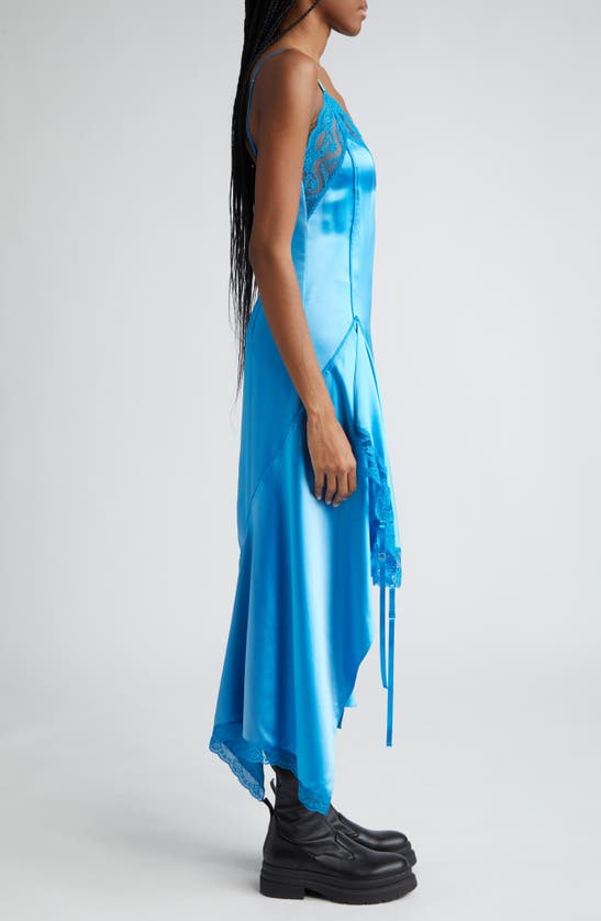 Shop Monse Lace Trim Asymmetric Silk Satin Midi Dress In Aqua