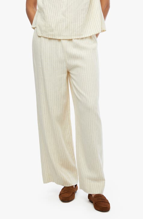 Pinstripe Tie Waist Linen Blend Pants