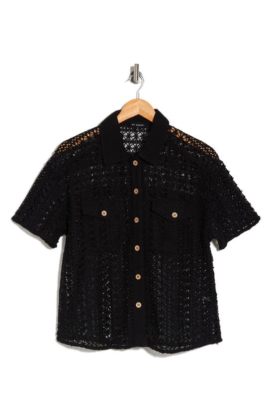 Shop Blu Pepper Short Sleeve Open Knit Button-up Shirt In Black