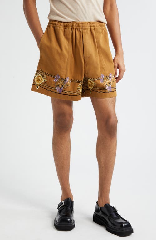 Autumn Royal Embroidered Cotton Shorts in Brown Multi