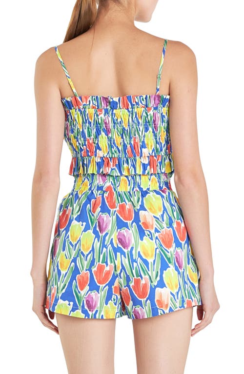 English Factory Tulip Print Ruffle Cotton Crop Top In Blue Multi