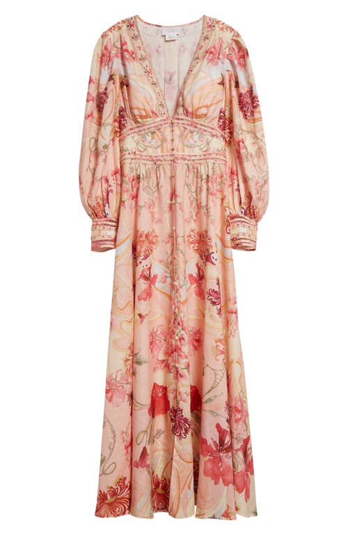 Shop Camilla Blossoms & Brushstrokes Long Sleeve Linen Maxi Dress In Blossoms And Brushstrokes