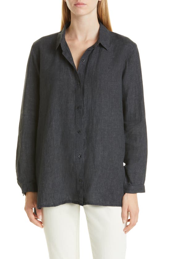 Eileen Fisher Organic Linen Long Sleeve Button-up Shirt In Graphite
