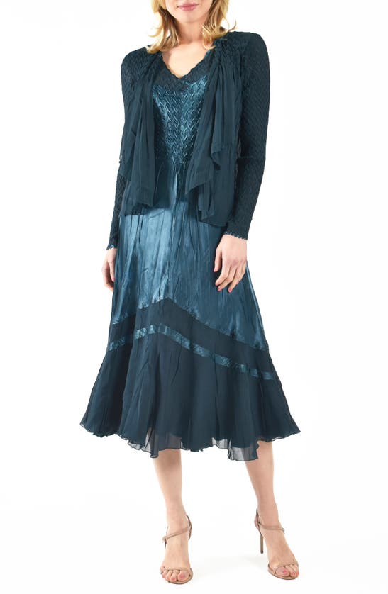 Shop Komarov Charmeuse & Chiffon Dress With Jacket In Mediterranean